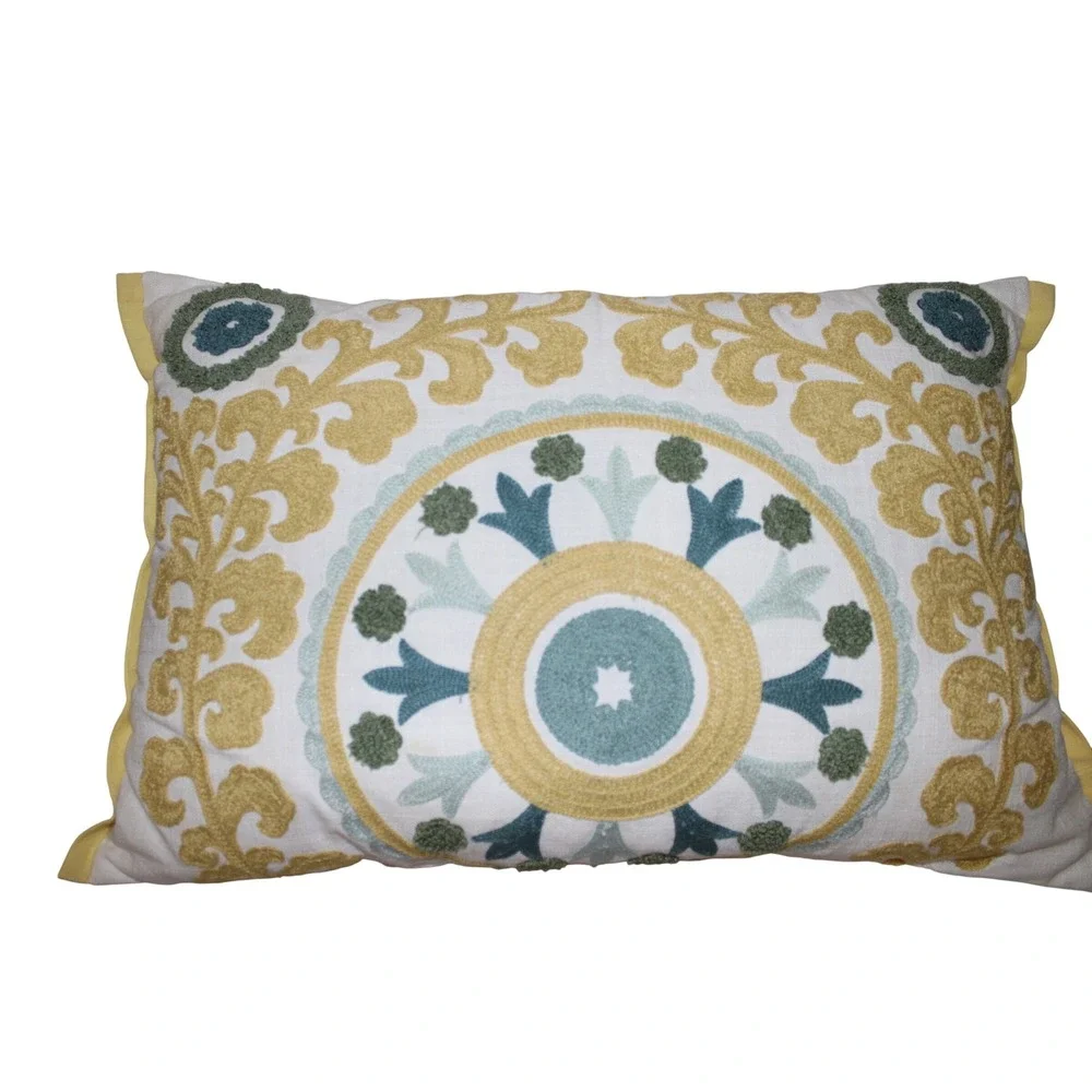 Embroidered‎ Lumbar Pillow Home 20x13 White Green Yellow Medallion Boho